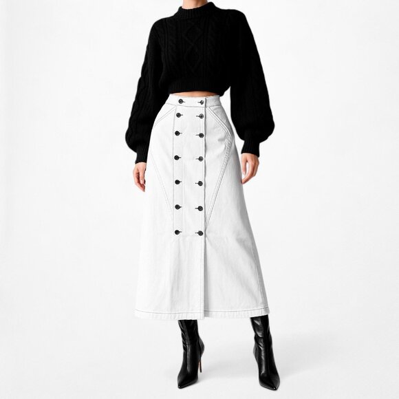 Jason Wu White Button Front Detail A-Line Denim High Waisted Maxi Skirt Size XS - Picture 2 of 6